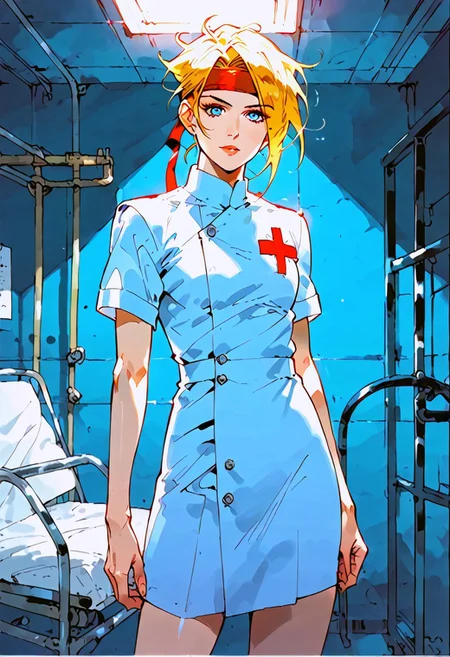 facing forward, full body, looking at viewer, blonde hair, medium hair, blue eyes, red headband, nurse uniform, 1girl, score_9, score_8_up, score_7_up, western cartoon, normal lighting, very detailed, depth of field, cinematic illumination, volumetric lighting, full color picture, vibrant colors, solo, alone, skinny, small bust, hospital, far shot,