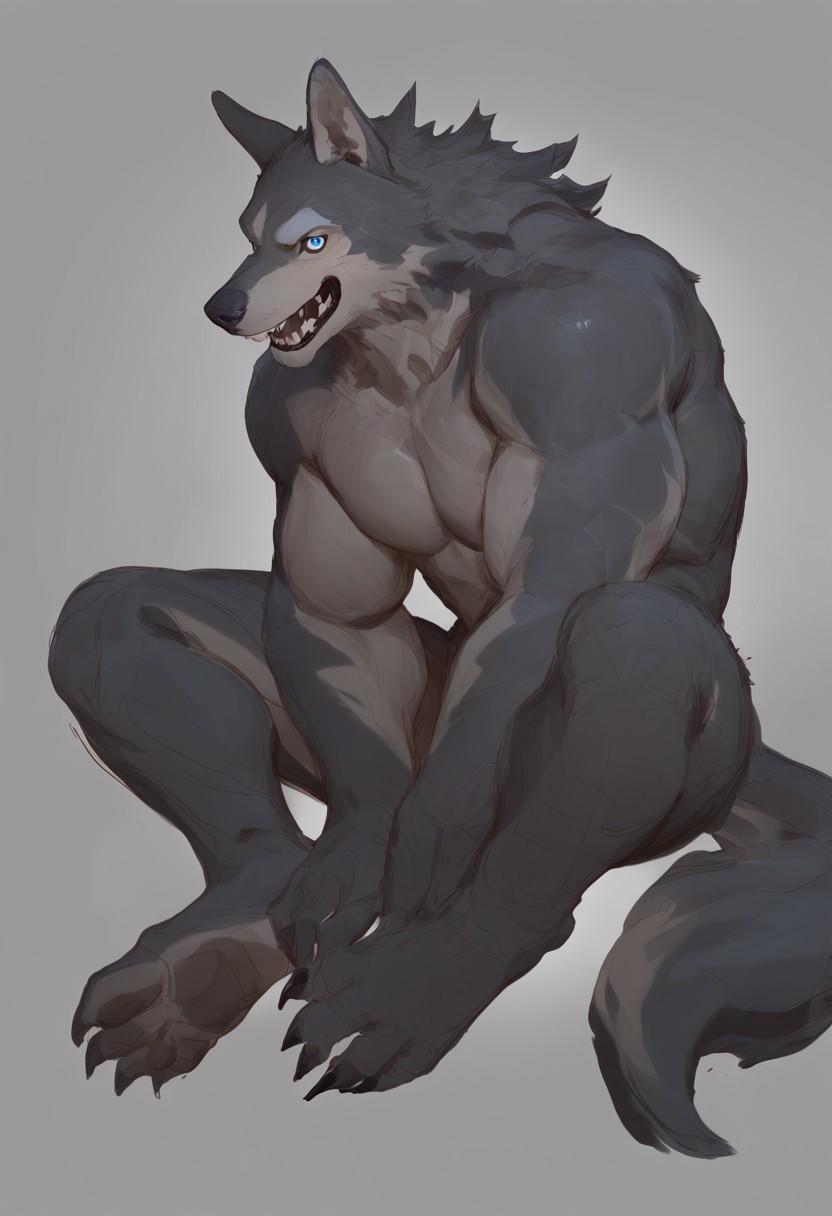 Anthro muscular wolf, full body sitting pose, confident smile, sharp ears, short gray and light gray fur with subtle texture, clean lineart featuring bold line variation, semi-realistic shading combining flat colors and delicate gradients, detailed expressive eyes with visible sharp teeth, strong and well-defined muscular anatomy, relaxed natural sitting posture, soft natural lighting with gentle shadows, male furry, solo, harmonious natural color palette, clear and minimalistic background, sketch, flat color