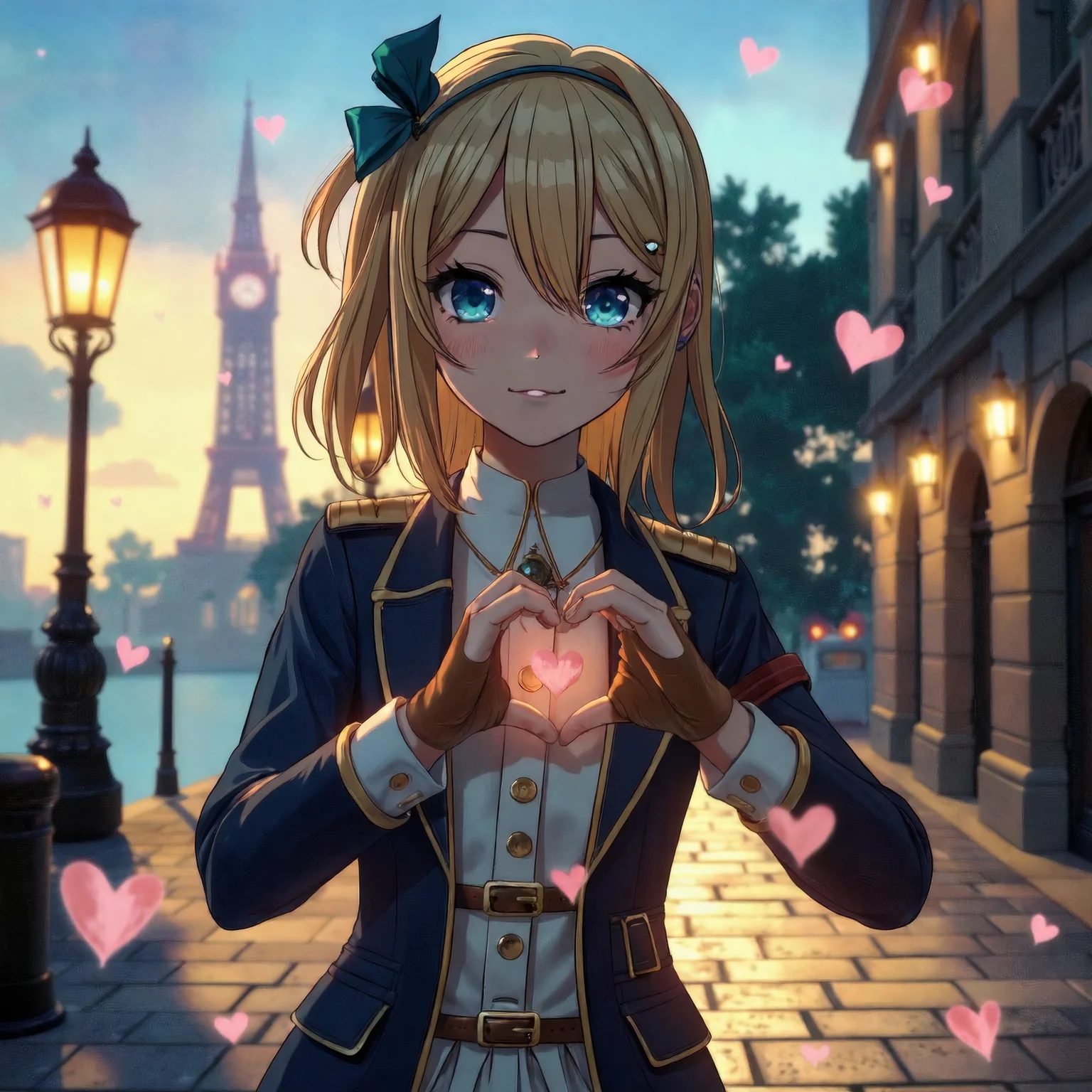 Anime style, perfect hand, violetag, Violet Evergarden (blonde hair, teal hairpin, striking blue eyes) forming a delicate heart shape with hands, soft golden-hour light emphasizing her serene expression. Wearing her signature outfit: [navy-blue military jacket with gold-buttoned epaulets, crisp white high-collar dress with layered skirt, emerald brooch at neckline. Background elements: faint outline of a coastal European town with [distant clock tower, wrought-iron street lamps, brick archways] blurred by atmospheric haze. Subtle Valentine's details: [5-7 cherry blossom petals drifting near her cheek, heart-shaped bokeh lights in background, faint rose quartz glow around her hand gesture]. Style: Kyoto Animation-inspired anime aesthetic, precise linework on facial features and clothing folds, soft focus on environment elements