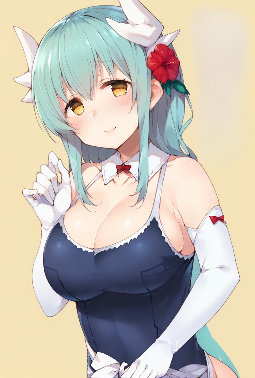 score_9,score_7_up,  <lora:kiyohime_(lancer)_XL_1:1>1girl,  bbkiyo, long hair, aqua hair, white horns, hair flower, red hair flower, yellow eyes, detached collar, cleavage, school swimsuit, blue one-piece swimsuit, elbow gloves, white gloves, white sash, blush, smile,   big breasts,    <lora:nekoume-Style-PonyXL-GLoRA-000048:1>