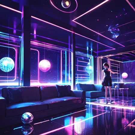 (masterpiece), (score_9, score_8_up, score_7_up,source_anime), 4K8K,
wide view. (no human scenery), pointing, 
scenery, 
(backlighting:1.3), 
(Club, disco ball, mirror ball), disco floor, spotlights, couch),