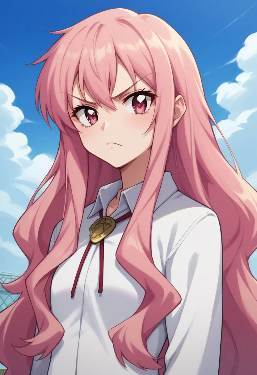 score_8_up, score_7_up, source_anime, highly detailed,
louisezero, 1girl, solo, long hair, pentacle, pink hair, pink eyes, upper body, bolo tie, shirt, white shirt, frown
outdoor, sky,
