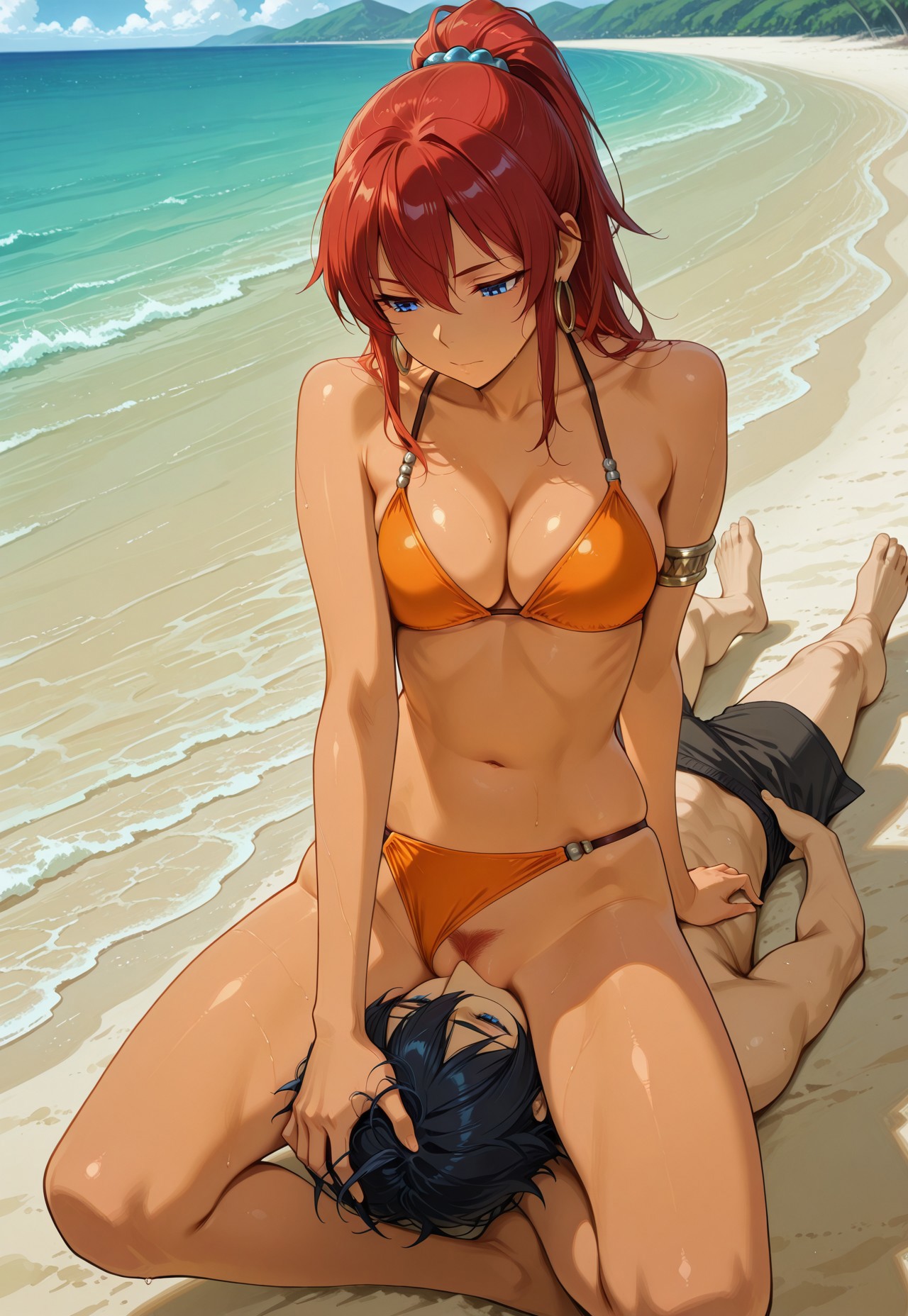 safe_pos, PSFiLV1, newest, masterpiece, best quality, very aesthetic, HDR, ultra-detailed, anime, 748cmstyle, mythp0rt, sitting on person, cunnilingus, girl on top, oral, hetero, outdoor, beach, hand on another's head, full body,

1girl, bellowssng, bellows \(suisei no gargantia\), dark-skinned female, blue eyes, hair beads, ponytail, red hair, hoop earrings, bellowsbikini, orange bikini, female pubic hair, bikinis pushed aside, armlet, skindentation, ((skinny)), 
1boy, 