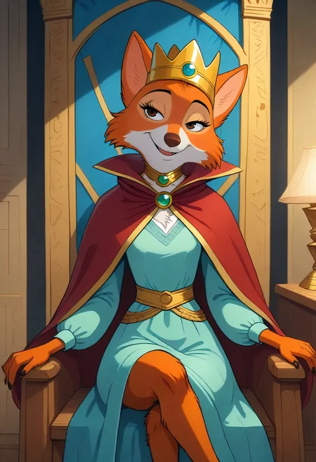 on model, 1girl, solo, marianc, fox, female, orange fur, brown eyes, brown nose, princess, crown, queen, gold brooch, cowboy shot, crossed legs, sitting, facing side, from side, sharp lighting, thinking, thoughtful, looking to side, amused, smile, interest, intrigued, ears, gold crown, gold choker, teal gems, teal dress, royal cloak, confident, eyes half closed, bedroom eyes, talking, three-quarter_view, palace, throne room, detailed,
, <lora:Marian v9b-10s:1>