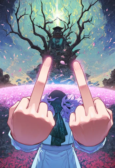 1girl, solo, grinning, (middle finger:1.2),( foreshortening:1.2),(perspective), action pose, pattern neckerchief,  jacquard, intricate detail, iridescent, glowing,, BREAK  branches, fractal, abstract background, petals, bare tree, recursion, cloud background, masterpiece, newest,absurdres,very awa,4ki4k4ne_illu
