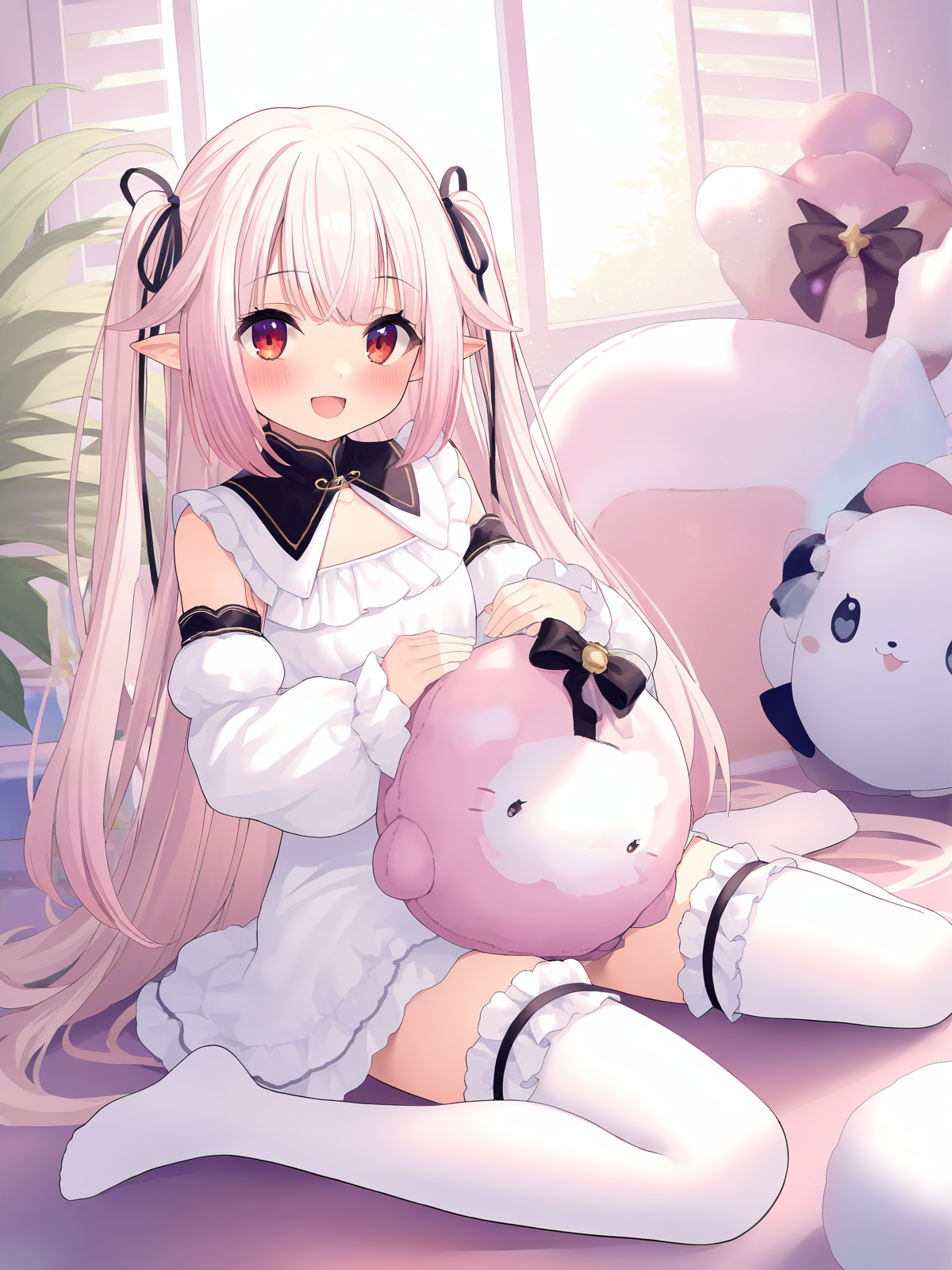 1girl,virtual youtuber,solo,red eyes,thighhighs,long hair,pointy ears,smile,detached sleeves,white thighhighs,looking at viewer,two side up,sitting,dress,frilled thighhighs,no shoes,ribbon,long sleeves,white dress,:d,blush,bangs,open mouth,hair ribbon,very long hair,pink hair,indoors,stuffed toy,frills,happy birthday,wariza,black ribbon,sleeveless,stuffed animal,window,bow,<lora:çç½è±é³noob110XL:1>,, masterpiece, best quality,, light_rays,ray tracing,
