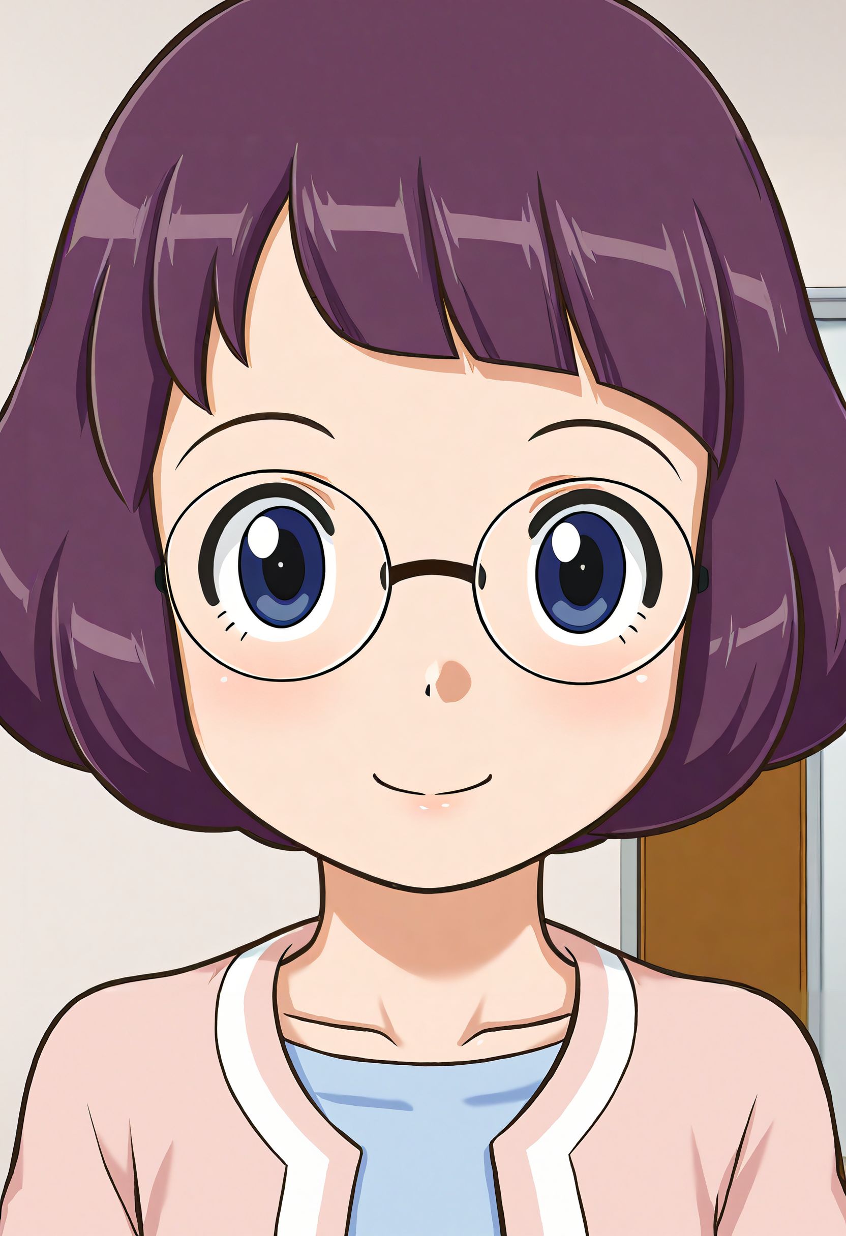 <lora:Hyper-SDXL-8steps-lora:1> score_9, score_8_up, score_7_up, best quality, uncensored, source_anime, 
BREAK
front view, little smile, closed mouth, standing, looking at viewer, upper body, portrait, close-up face, facing viewer, indoors, 
no background, white background, 1girl, (blush:-1), 
<lora:YW-misora_inaho_XL(pony)v10:1> yw-inaho, purple hair, bob cut, short hair, glasses, pink cardigan, blue shirt, white skirt, black leggings, yellow shoes,