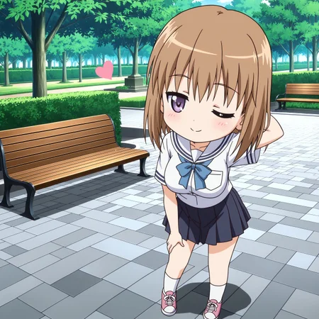 (masterpiece, best quality:1.2), amazing quality, very aesthetic, absurdres, perfect detail, anime screencap,
park, stone floor, wood, bench,
standing, arm behind head, hand on own thigh,, smile, one eye closed, heart,
solo, (chibi:1.4), satsuki, school uniform, serahuku, blue bowtie, short sleeves, breasts, pleated skirt, white socks, sneakers,
<lora:XL_Ill_hentai-satsukit1:1>