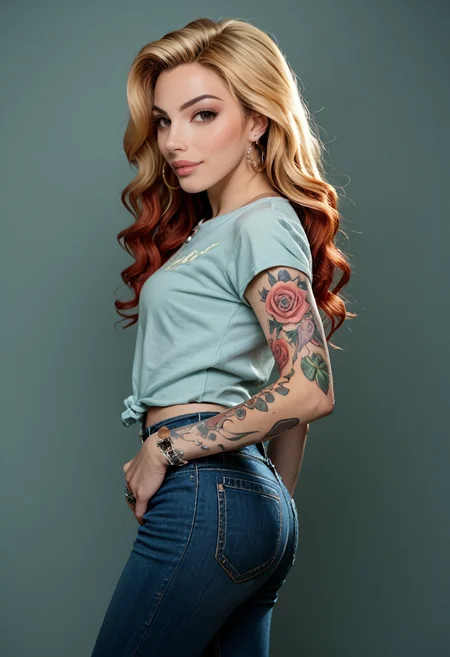 score_9, score_8_up, score_7_up, ArielD3mure, Ariel Demure, <lora:ArielD3mure_r2-pony:1>, 1girl, (looking at viewer), head turned, tattoos, solo, shirt, profile, denim, denim pants, jewelry, blonde hair, jeans, earrings