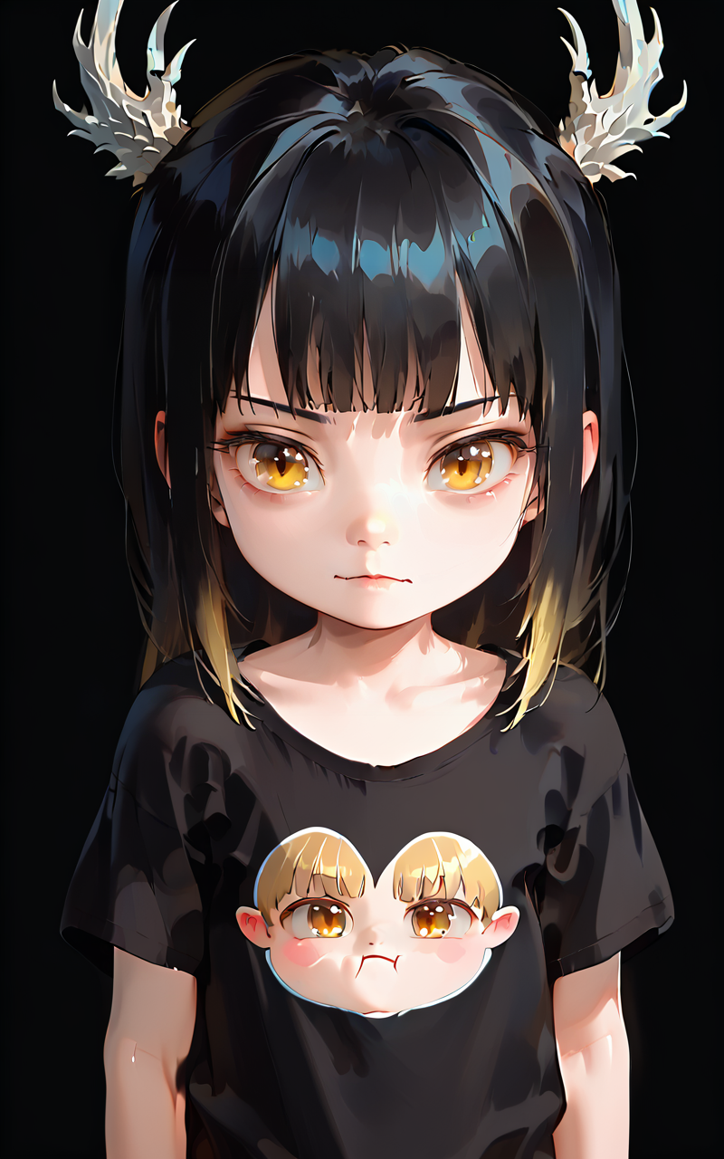 score_9,score_8_up,score_7_up,
<lora:drzhiguiPony3:1>,dragongirl,solo,scale,1girl,black hair,yellow eyes,horns,fish scale,antlers,looking at viewer,upper body,long hair,bangs,pale skin,lips,closed mouth,blunt bangs,collarbone,dragon horns,Child,Gradient hair color,dark background,(child:1.3),petite,chibi,kawaii,round face,<lora:v6:0.9>,(t-shirt:1.3),