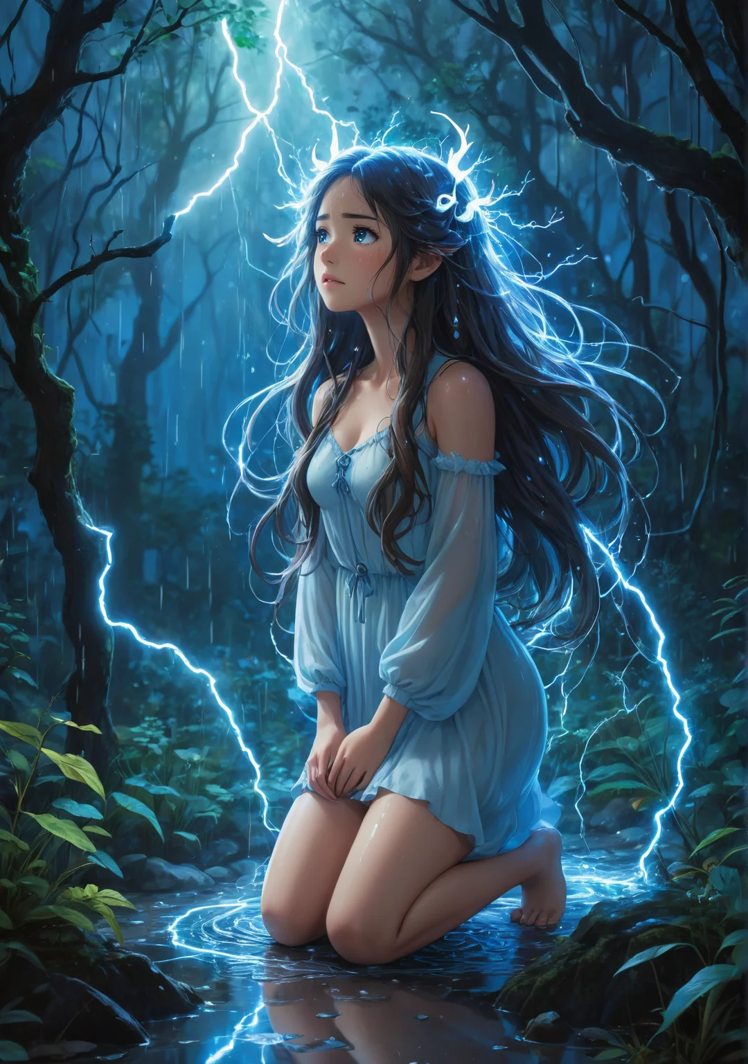 2D anime style, inspired by Studio Ghibli, ethereal young woman with long flowing hair, kneeling in a magical forest during a thunderstorm, surrounded by glowing blue energy. She has expressive, teary eyes filled with sorrow and determination. Her delicate, glowing horns crackle with electricity, reflecting her inner turmoil. The detailed background features lush, mystical plants and softly glowing lights, with raindrops creating ripples in the puddles around her. The atmosphere is serene yet tense, capturing the emotional moment of her awakening to newfound powers, feeling both fear and empowerment. High detail and complexity