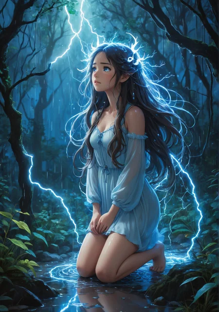 2D anime style, inspired by Studio Ghibli, ethereal young woman with long flowing hair, kneeling in a magical forest during a thunderstorm, surrounded by glowing blue energy. She has expressive, teary eyes filled with sorrow and determination. Her delicate, glowing horns crackle with electricity, reflecting her inner turmoil. The detailed background features lush, mystical plants and softly glowing lights, with raindrops creating ripples in the puddles around her. The atmosphere is serene yet tense, capturing the emotional moment of her awakening to newfound powers, feeling both fear and empowerment. High detail and complexity
