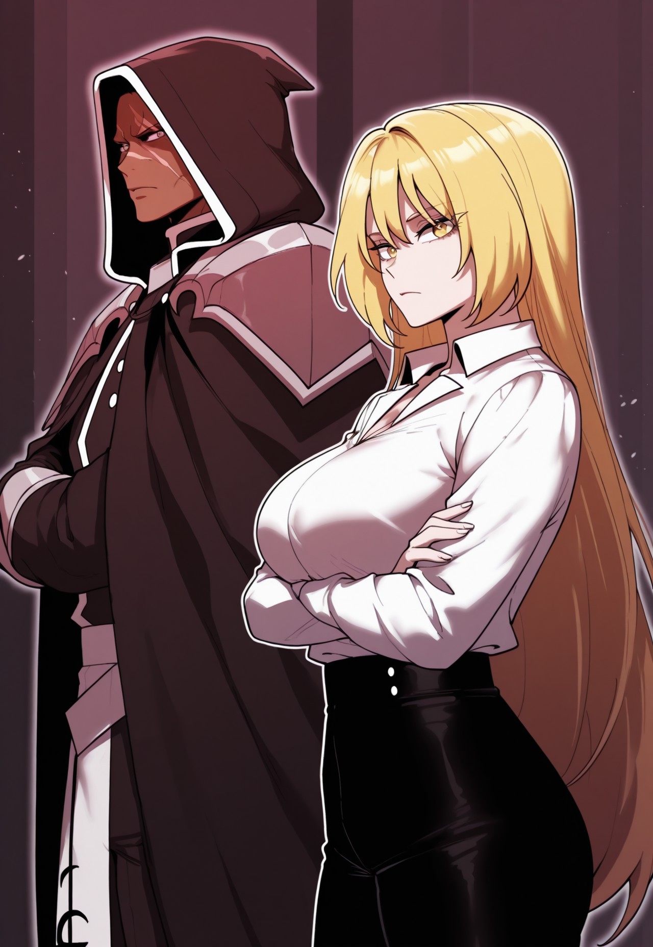 score_9, score_8_up, score_7_up, sexy body, 1girl, 1boy, Luna, yellow eyes, blonde hair, long hair, daily clothes, long shirt, cleavage, black pants, looking at viewer, crossed arms, from side, cowboy shot, large breasts, Duff, grey eyes, grey hair, short hair, scars on face, dark-skinned male, Duff’s-uniform, hood up, shoulder armor, cape