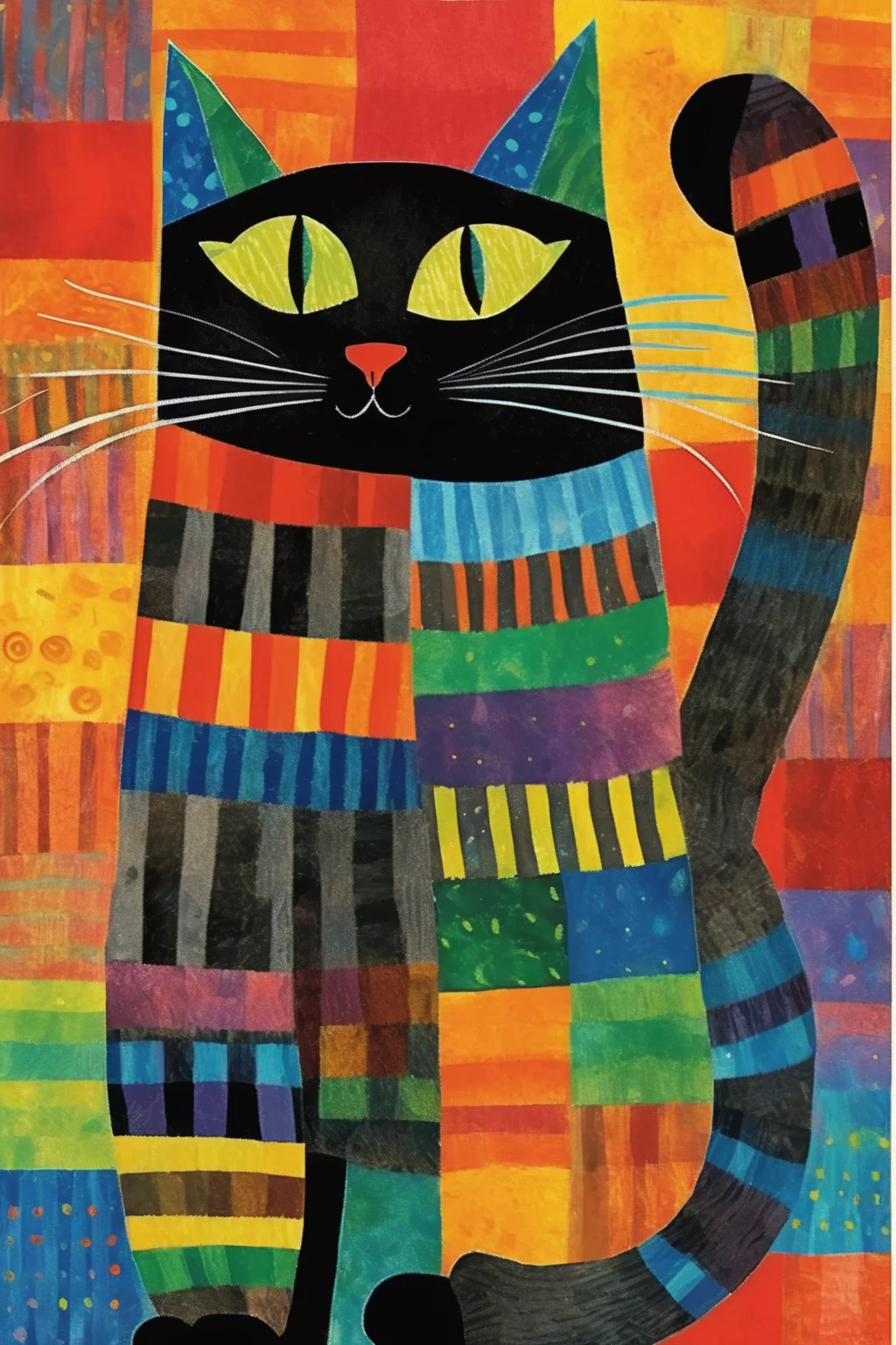 <lora:Laurel Burch Style:1>Laurel Burch Style - cat in the style of Eric Carle