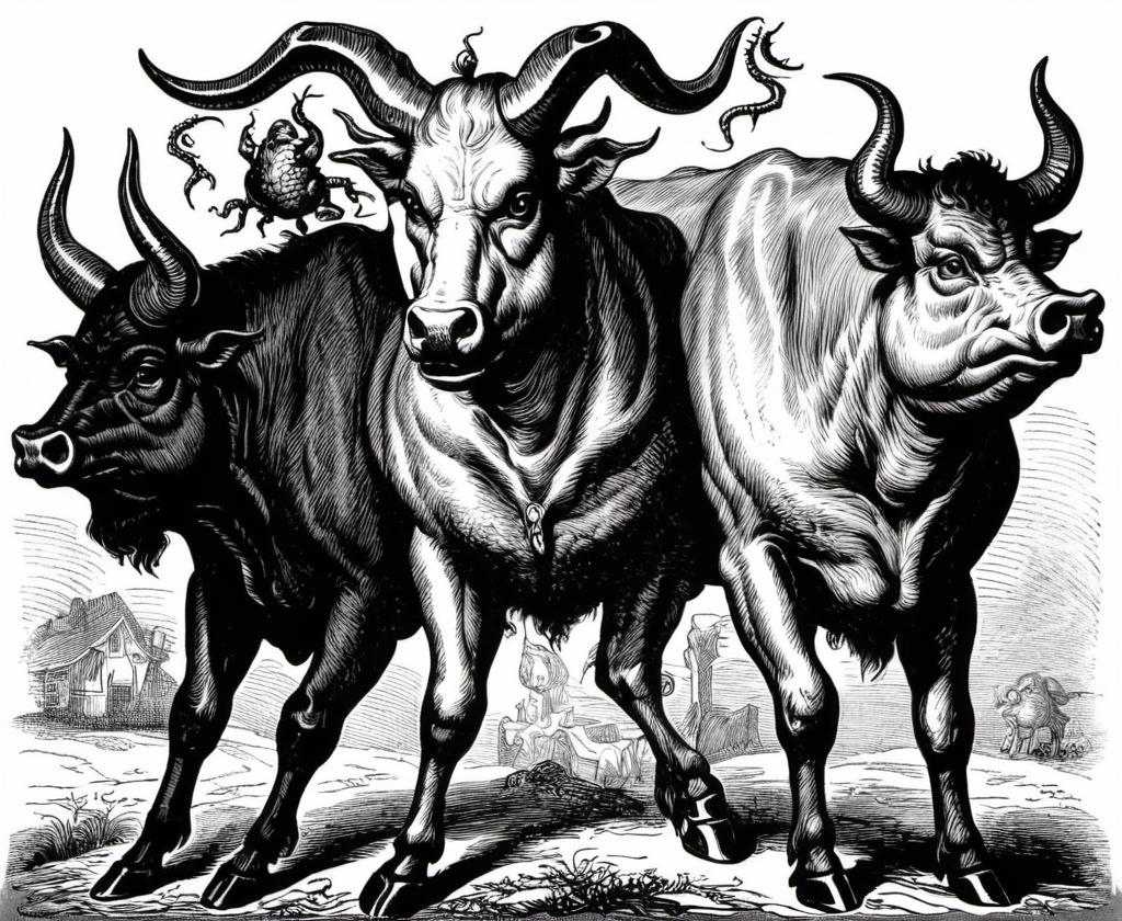 a three headed demon with the head of a cow and the head of a horse and the head of a pig and the body of a spider,greyscale,monochrome,art by llbreton, <lora:LLBretonXLRecent:0.8>