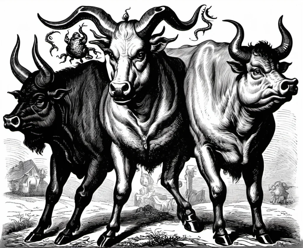 a three headed demon with the head of a cow and the head of a horse and the head of a pig and the body of a spider,greyscale,monochrome,art by llbreton, <lora:LLBretonXLRecent:0.8>