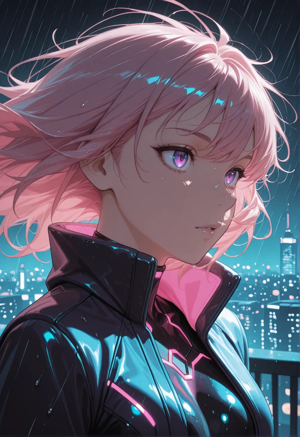 <lora:CivChan:1> Civchan, CivChan, digital art, pink hair, purple eyes, up close portrait, wearing a futuristic cyberpunk jacket with neon trim, black bodysuit underneath, standing confidently atop a glowing rooftop at night, overlooking a neon-lit cityscape, wind blowing through her hair, soft ambient glow from city lights, rain-speckled surfaces reflecting vibrant colors, high-resolution, ultra-detailed, cinematic composition, moody lighting, dynamic pose, cool-toned palette with vivid accents