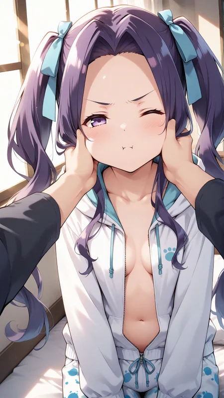 masterpiece,best quality,score_9,score_8_up,score_7_up,score_6_up,anime,
<lora:Breast Slider - Pony_alpha1.0_rank4_noxattn_last:-3>,
<lora:style012:0.5>,
solo,
one eye closed,half closed eyes,
pout,:t,closed mouth,
<lora:POVCheekSquash_XLPD:0.8>,
cheek squash,hands on another's face,hands on another's cheeks,pov hands,solo focus,
<lora:Melty Q Melromarc:0.8>,
MELTY Q MELROMARC,MELTY Q MELROMARC REGULAR WEAR,purple eyes,purple hair,blue hair,forehead,hair intakes,sidelocks,long hair,twintails,hair ribbon,blue bow,
Hood pajama,fur,white pajama,center open,cleavage,zipper,unzip,long sleeves,navel,pajama pants,
Morning,sunny,sunlight,sun arrays,
<lora:HandFixer_pdxl_Incrs_v1:0.5>,handfixer,