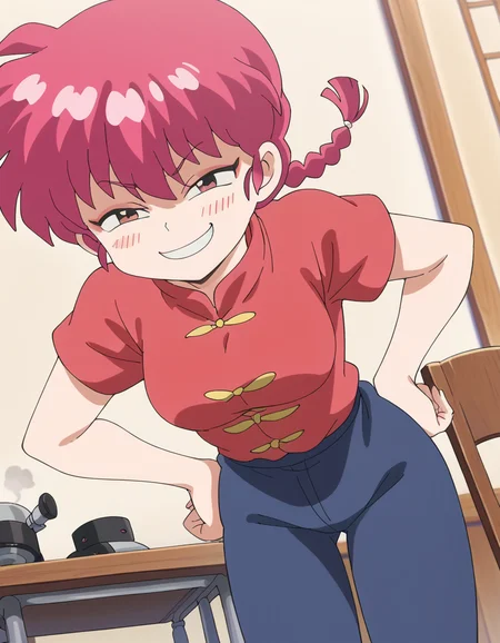 score_9, score_8_up, score_7_up, source_anime, <lora:ranma-saotome-s1-ponyxl-lora-nochekaiser:1>, ranma saotome, braid, red hair, single braid, braided ponytail, red eyes, medium breasts, anime screencap,, pants, chinese clothes, tangzhuang,, staff room, table, chairs, coffee machine, relaxation, , <lora:anyas-heh-face-ponyxl-lora-nochekaiser:1> anyas heh face, anya's heh face (meme), smile, smug,, blush, leaning forward, bent over, hands on own hips, cowboy shot, looking at viewer, solo,, dutch angle, cowboy shot