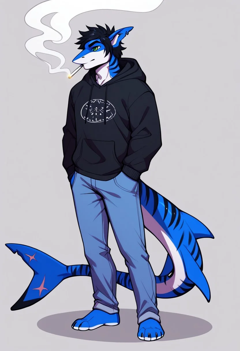 score_9, score_8_up, score_7_up, score_6_up, score_5_up, score_4_up,High resolution,High quality,1boy,solo, anthro shark, tiger shark,dark blue skin, stripes on the body, short hair,lush hair,black hair, green eyes, shark tail, scar on the fin, BREAK, full-length, white T-shirt, black hoodie, blue jeans, standing on the embankment , smoking a cigarette, evening embankment background