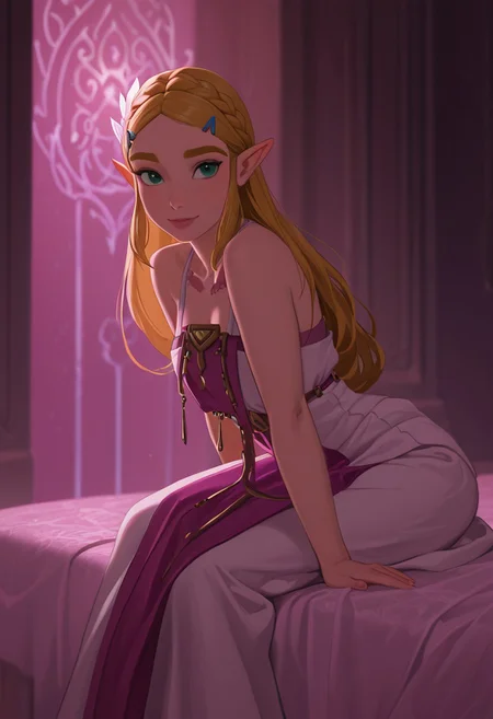 DisneyRenstyle, DISNEY_ANIMATION,
masterpiece, best quality, hyper-realistic, ultra-HD, luminous lighting, cinematic ambiance, shimmering gradients, ethereal glow, deep contrast, rich color tones, seductive atmosphere, captivating sensuality, Cinematic Lighting, (princess zelda:1.3)
raytracing, volumetric lighting, ambient occlusion, Background, girl, solo, dress, sitting,leaning forward,