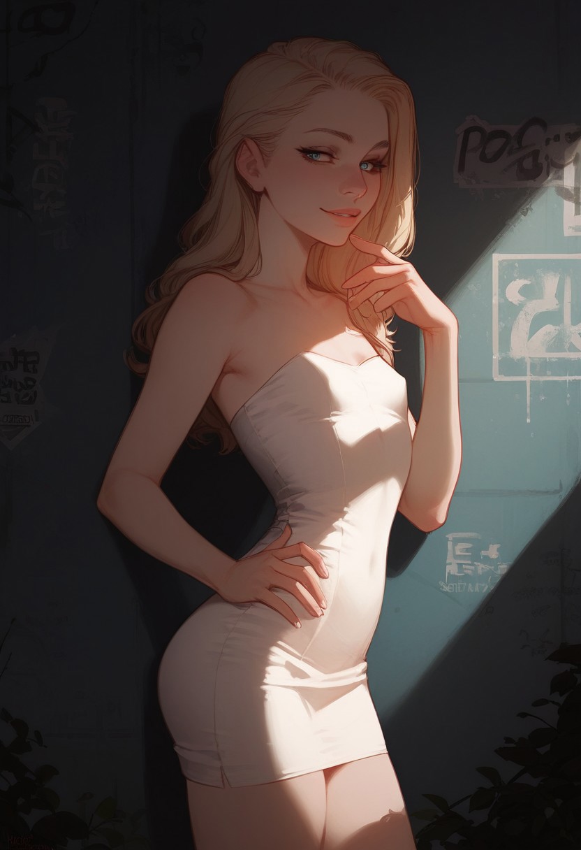 score_9,score_8_up,score_8,score_9,(((pastel colors, high contrast,expressiveh,solo focus, )))((blue eyes,blonde hair,naughty face, straight hair, pale skin,white dress,short dress, tight dress,strapless dress, thighs)) (1girl, small chest, petite, detailed eyes,standing, side view, looking at viewer)alley. graffiti, night, night sky