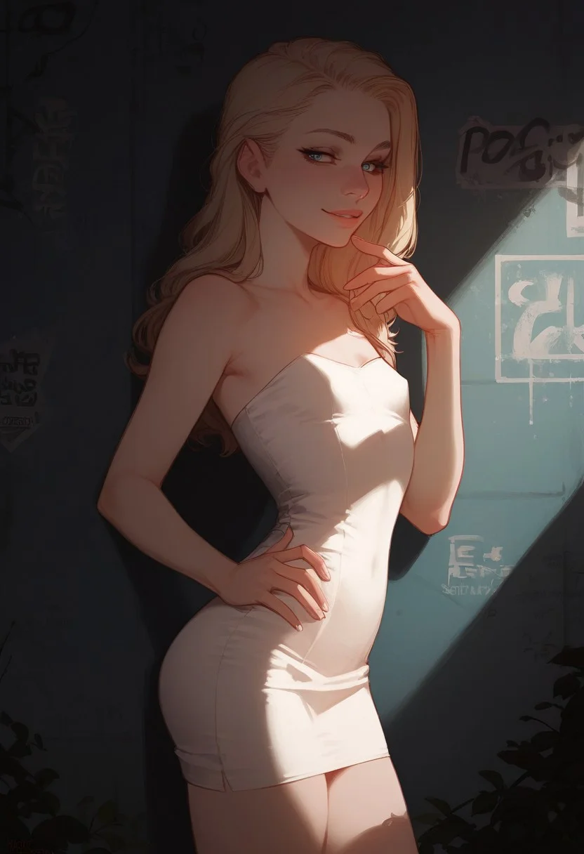 score_9,score_8_up,score_8,score_9,(((pastel colors, high contrast,expressiveh,solo focus, )))((blue eyes,blonde hair,naughty face, straight hair, pale skin,white dress,short dress, tight dress,strapless dress, thighs)) (1girl, small chest, petite, detailed eyes,standing, side view, looking at viewer)alley. graffiti, night, night sky
