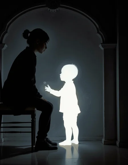 A detailed cinematic dark photo featuring a minimalist, monochromatic style with a focus on light and shadow. The image depicts a silhouette of a person sitting on a chair, facing a glowing figure of a child. The child figure is outlined in bright, white light against a dark background, giving it a ghostly appearance. The child is standing and holding out its right hand towards the silhouette, which is depicted as a person with their back turned, suggesting a moment of interaction or connection.
The artwork evokes a sense of warmth and connection, despite the stark contrast between the glowing child and the shadowy silhouette. <lora:Exogenous:1>