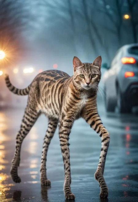 Highly detailed photo of cat with many legs, (((Long legs:1.8)) running, in_focus,  uhd, 8k, ultra realistic, sunny, (cold colors), damp, moist, intricate details, shallow depth of field, [volumetric fog], cinematic lighting, reflections, photographed on a Canon EOS R5, 50mm lens, F/2.8, HDR, 8k resolution, cinematic film still from cyberpunk movie
