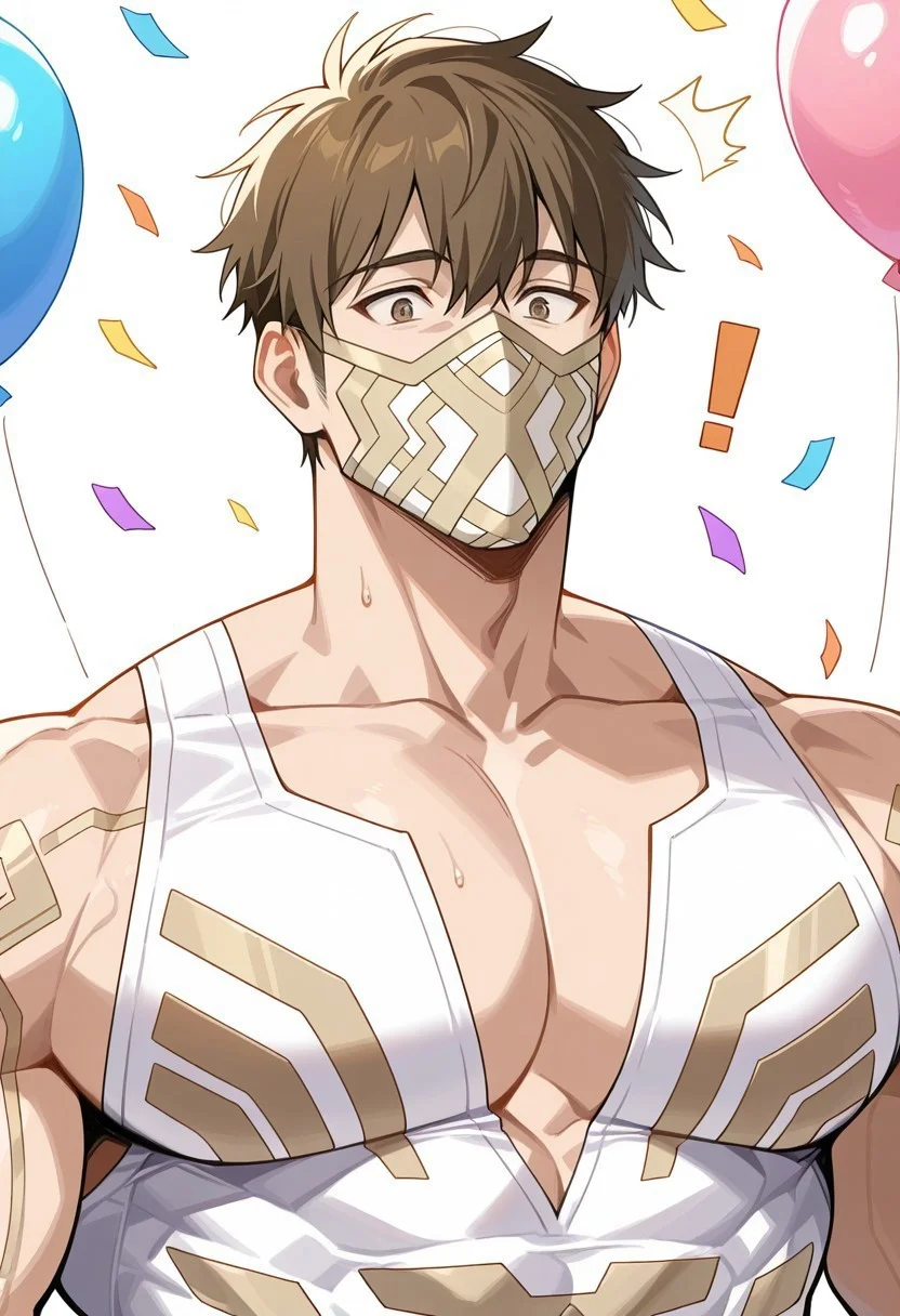 safe_pos, masterpiece, best quality, highres, newest, extreme detail description, 1boy, solo, male focus, mature male, e1kthyrn1r_fe, brown hair, short hair, brown eyes, muscular male, mouth mask, sleeveless, white bodysuit, pectoral cleavage, surprised expression, balloons, confetti, close-up:1.2, sweatdrop