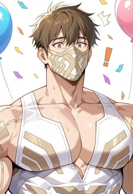 safe_pos, masterpiece, best quality, highres, newest, extreme detail description, 1boy, solo, male focus, mature male, e1kthyrn1r_fe, brown hair, short hair, brown eyes, muscular male, mouth mask, sleeveless, white bodysuit, pectoral cleavage, surprised expression, balloons, confetti, close-up:1.2, sweatdrop