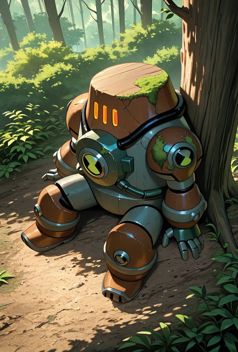 <lora:nrg-06:1> nrg, solo, robot, no humans, armor, open mouth, under tree oak tree, in the shades, sitting on ground, leaning on tree, side view, from above, above view, , forest, brown rusty, birds eye view, dead, lifeless, moss growing on armor,, masterpiece, best quality, amazing quality, very aesthetic, absurdres, newest,