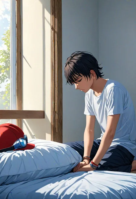 Highres, Masterpiece, High Quality, 4K, Yuusuke Fujisaki, 1boy, solo, black hair, Sad, Looking Down, distress, sress, Bedroom, Realistic Light, potrait, Candid Photo, red hat, goggles, bracelet, anklet