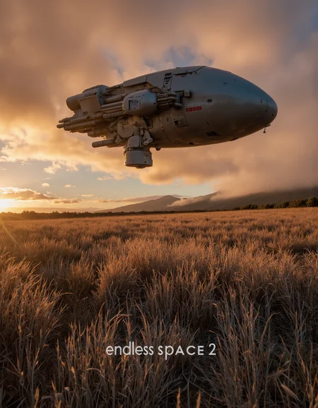 Daniel Hahn art. A photo-realistic shoot from below about a futuristic, sci-fi scene featuring a large, grey, industrial-looking machine in the middle of a field at sunset, with tall, golden grasses in the foreground. the machine is positioned in the center of the image, with the text "endless space - 2" at the bottom. it appears to be a long-haul vehicle with a sleek, metallic design and a long, narrow body, suspended in mid-air over a field of tall, dry grass, with a distant, smoky landscape in the background. the sky is a mix of warm oranges and pinks, creating a dramatic contrast with the cool tones of the grasses. the scene is illuminated by a soft, warm light, casting a golden glow on the machine and the surrounding landscape.