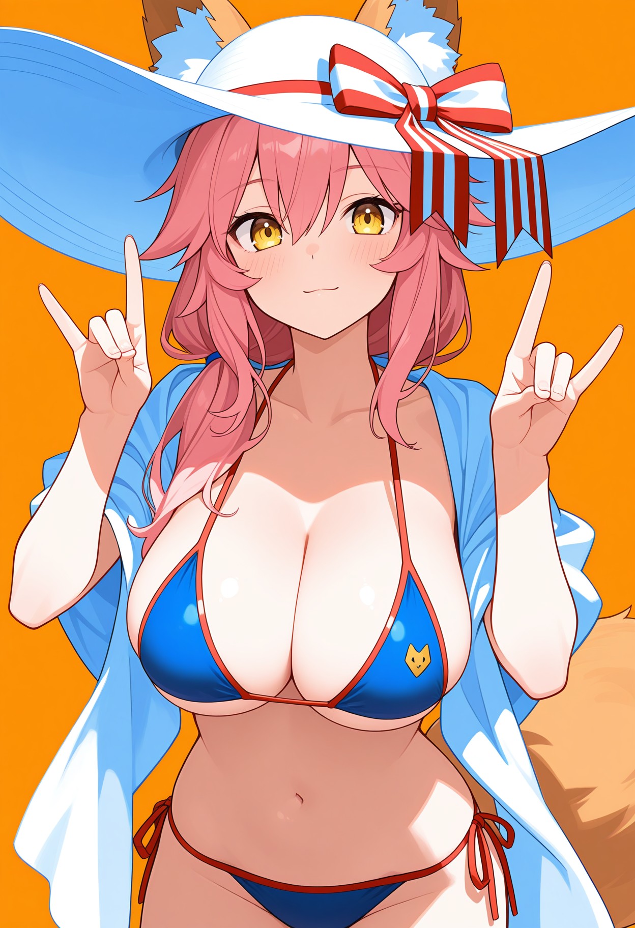 masterpiece, best quality, 1girl, solo, t4mamosumm3r, animal ears, animal ear fluff, ears through headwear, white sun hat, red hat ribbon, striped hat ribbon, yellow eyes, pink hair, long hair, hair between eyes, sidelocks, hair over shoulder, tied hair, side-tie bikini bottom, blue bikini, string bikini, shawl, tail, large breasts, cleavage, orange background, cowboy shot, fox shadow puppet, straight-on, simple background,, <lora:96cabef7-fbf5-488d-b719-88ea7ef6f628:1.0>