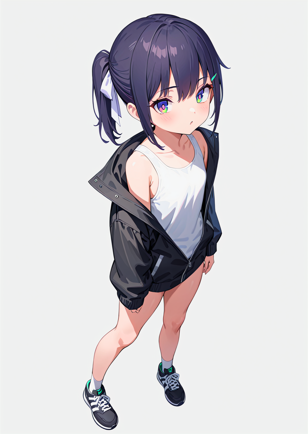 (best quality, masterpiece:1.2),
full body, 
1girl, solo,
petite, ponytail, short hair,
black hair, hair ribbon, two-tone hair,  looking up, 
multicolored eyes, green eyes, purple eyes, white pupils, 
black jacket, white tank top, 
black pants,  bare legs, white legwear, black sneakers, 
standing, 
highres,sharp focus,Professional,Impasto,
front view, medium view,
reality_ray_tracing,ambient_light,
simple background, grey background, 
<lora:ASYLJ77-000009-XL-02:0.9>