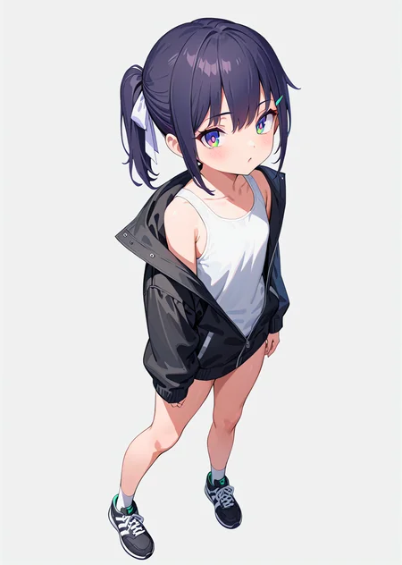 (best quality, masterpiece:1.2),
full body,
1girl, solo,
petite, ponytail, short hair,
black hair, hair ribbon, two-tone hair, looking up,
multicolored eyes, green eyes, purple eyes, white pupils,
black jacket, white tank top,
black pants, bare legs, white legwear, black sneakers,
standing,
highres,sharp focus,Professional,Impasto,
front view, medium view,
reality_ray_tracing,ambient_light,
simple background, grey background,
<lora:ASYLJ77-000009-XL-02:0.9>