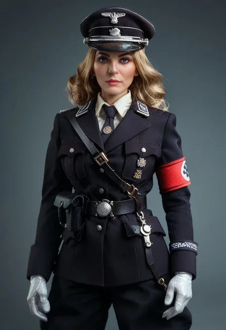 score_9, score_8_up, score_7_up, solo, mature woman, military uniform, black jacket, necktie, shoulder strap, belt, pants, gloves, peaked cap, armband, boots