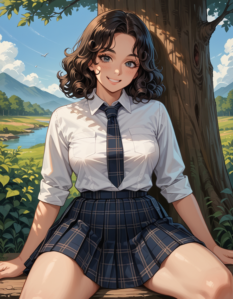 score_9, score_8_up, score_7_up, score_6_up, score_5_up, score_4_up, 1girl, long black curly hair, large breasts, hud_schgrl, white collared shirt, necktie, plaid pleated skirt, <lora:schg-000008:0.8>, outdoors, sitting, under tree, smile, open legs, facing viewer, pantyshot,
