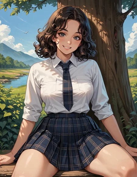 score_9, score_8_up, score_7_up, score_6_up, score_5_up, score_4_up, 1girl, long black curly hair, large breasts, hud_schgrl, white collared shirt, necktie, plaid pleated skirt, <lora:schg-000008:0.8>, outdoors, sitting, under tree, smile, open legs, facing viewer, pantyshot,