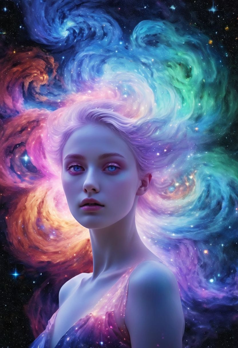 Ink illustration on parchment. A dark ghostly woman, dark slit toga, sensuality, double exposure, order and chaos, whirling astral setting, kindness, reflection, dichromatism, leaning perspective, wide-eyed wonder, astral glow, celestial patterns, swirling nebulas. Bokeh blur. Colorful. BadDream, DEVIL SPAWN.