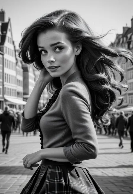 Ultra Realistic, Ariel, elegant, adjusting hair, classy scottish scarf, flirty, walking next to the city center of Copenhaguen, B&W picture