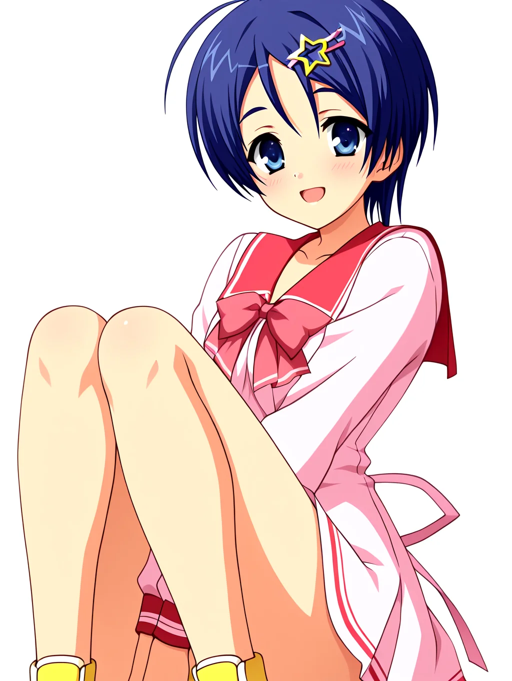 simple background,solid white background,
masterpiece,best quality,newest,absurdres,highres,detailed eyes,beautiful,detailed background,perfect eyes,anime coloring,anime screencap,
nsfw,explicit,<lora:add-detail-xl:1>,<lora:ponyv4_noob1_2_adamW-000017:0.8>,wear clothes,
1girl,solo,
looking at viewer,smile,open mouth,blush,
<lora:IL-Tokusa-Honoka-10:1>,il-honoka-tenshin,school uniform,pink serafuku dress,short hair,hair ornament,hairclip,(red bowtie),hairclip star (symbol),pink dress,blue eyes,pink ribbon,(long wavy ribbon on dress),thin ribbon,blue hair,red sailor collar,bangs,long sleeves,yellow sneakers,