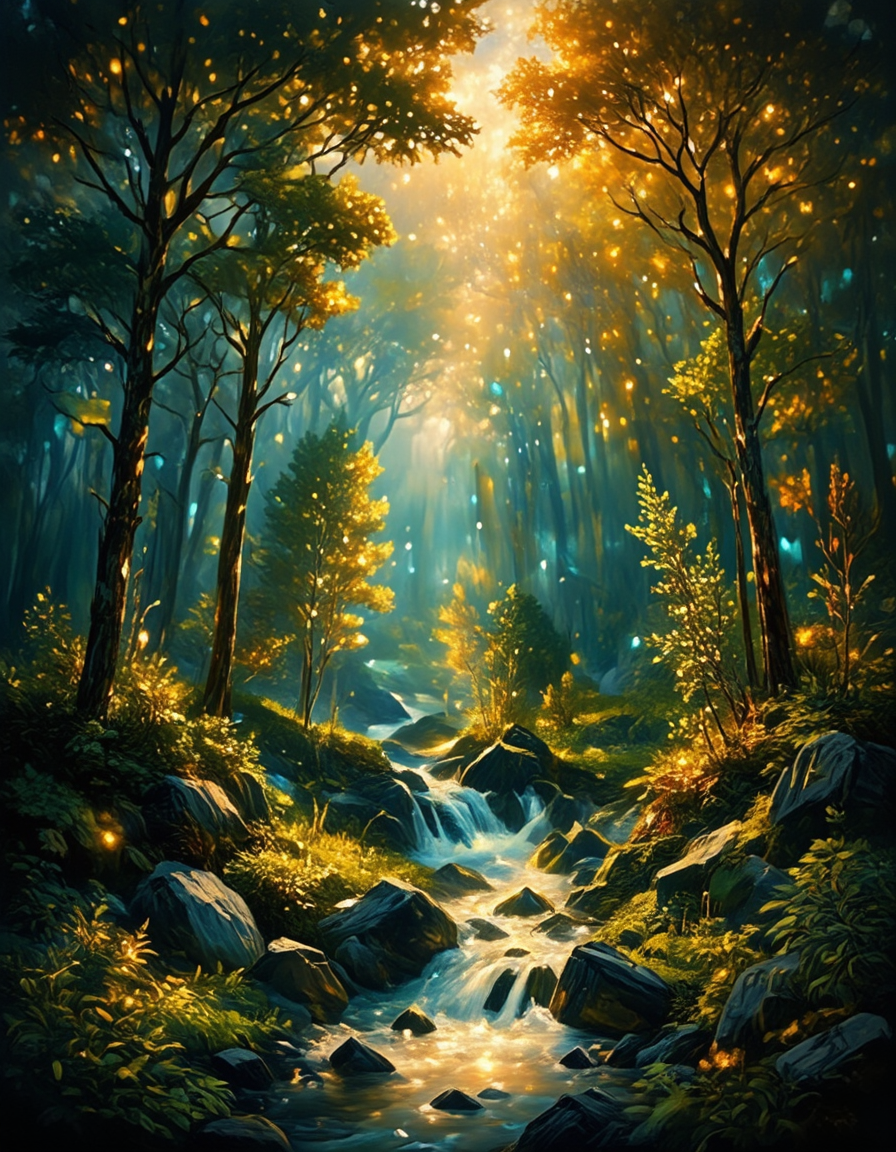 <lora:Medieval_Worlds_Scenery01cflux:1> mwl01, scenery, bokeh, trees, fantasy, rocks, shiny diamonds, photo, small river