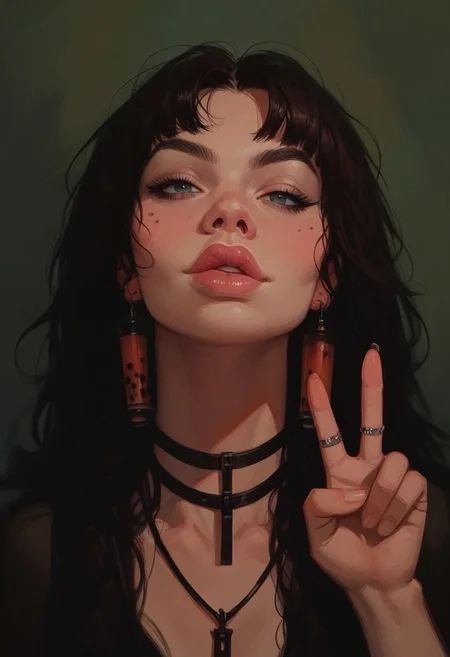 score_9, score_8_up, score_7_up, score_6_up, score_5_up, score_4_up, high quality, 1 girl, sexy lips, full lips, lips parted, sultry eyes, peace sign, boba tea
