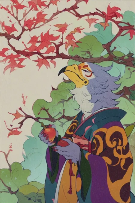 score_9, score_8_up, score_7_up, mononoke, furry, female, anthro, avian, bird, leaf, red nails, holding fruit, japanese clothes, long sleeves, bottle, plant, branch, kimono