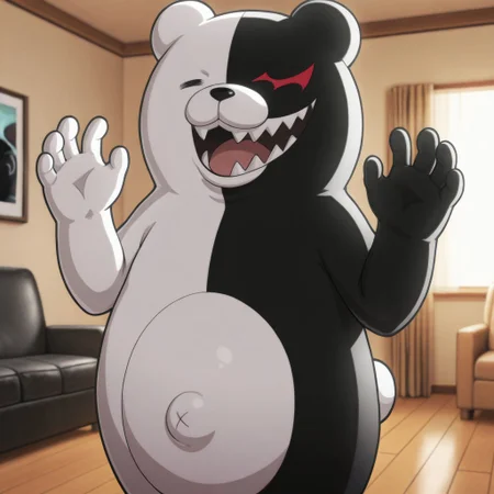 masterpiece, best quality, amazing quality, monokuma, male, furry male, anthro, solo, bear, white fur, black fur, two-tone fur, round ears, black eye, red eye, black nose, teeth, belly button, bear tail, standing, laughing, open mouth, hands up, indoors, living room