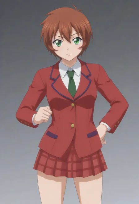 source_anime, anime screencap, source_anime, auratheguillotine, anime screencap, masterpiece, source_anime, shiny skin, 1girl, chinkyuu koudai, short hair, brown hair, green eyes, <lora:chinkyuu_pony-000007:0.8> red blazer, white shirt, green necktie, plaid skirt, pleated skirt,