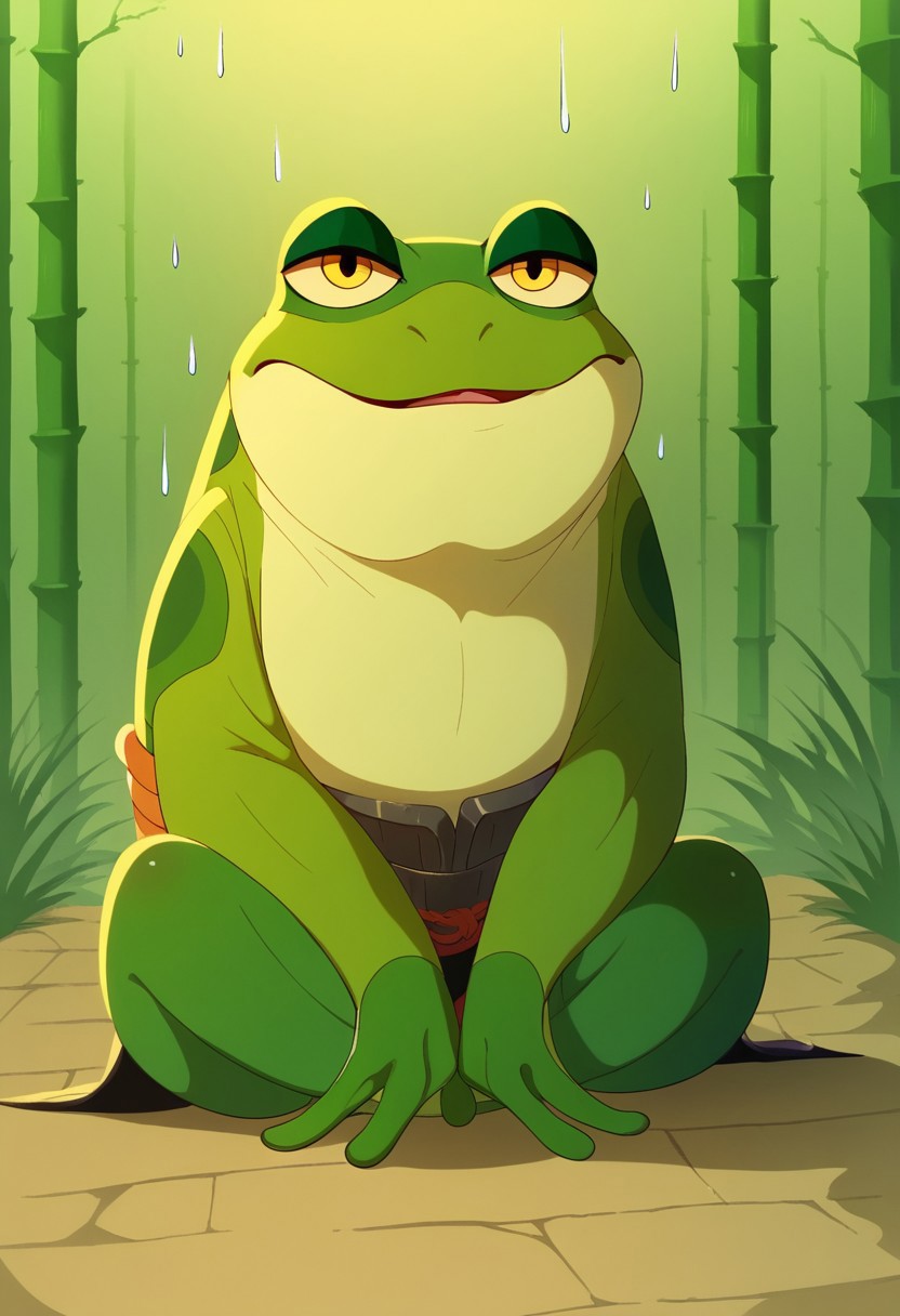 kfp2d, solo, 1boy, score_9, score_8_up, score_7_up, score_6_up, score_5_up, score_4_up, source_furry, hi res, sfw. 2D artwork.

Frog, yellow eyes, frog eyes, horizontal pupils, amphibian, green skin, webbed feet, traditional Chinese clothing, Chinese armor, ((armor)), broken armor, worn armor, no tail, smooth skin, slim body, ((feral)), sitting. ((evil expression)).

tongue out, huge tongue, very long tongue, long tongue, frog tongue, sticky tongue, closing one eye, ((smug gaze)), looking at the viewer, bandages, yellow aura, yellow theme, open mouth.

On a swamp, outdoors, bamboo forest, rain, at day.
