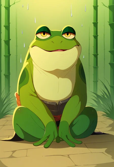 kfp2d, solo, 1boy, score_9, score_8_up, score_7_up, score_6_up, score_5_up, score_4_up, source_furry, hi res, sfw. 2D artwork.
Frog, yellow eyes, frog eyes, horizontal pupils, amphibian, green skin, webbed feet, traditional Chinese clothing, Chinese armor, ((armor)), broken armor, worn armor, no tail, smooth skin, slim body, ((feral)), sitting. ((evil expression)).
tongue out, huge tongue, very long tongue, long tongue, frog tongue, sticky tongue, closing one eye, ((smug gaze)), looking at the viewer, bandages, yellow aura, yellow theme, open mouth.
On a swamp, outdoors, bamboo forest, rain, at day.